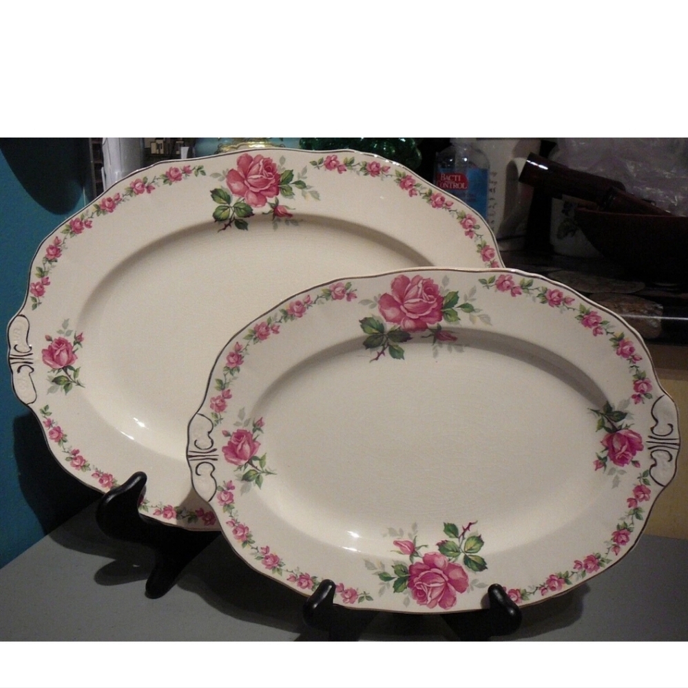 c1945 2 Alfred Meakin La Belle Rose Oval Platters Pink Cabbage Rose 22k trim